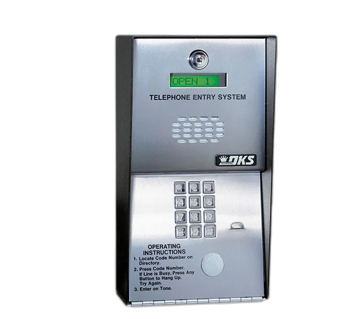 DoorKing 1802 telephone entry callbox mounted at a gated property entrance